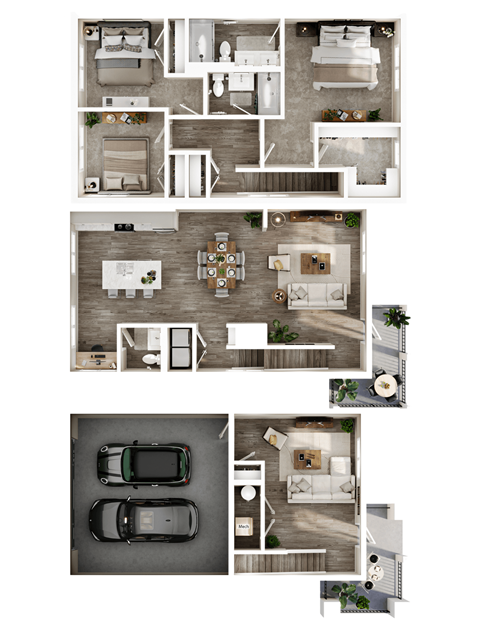 three dimensional floor plans of a 1 bedroom apartment
